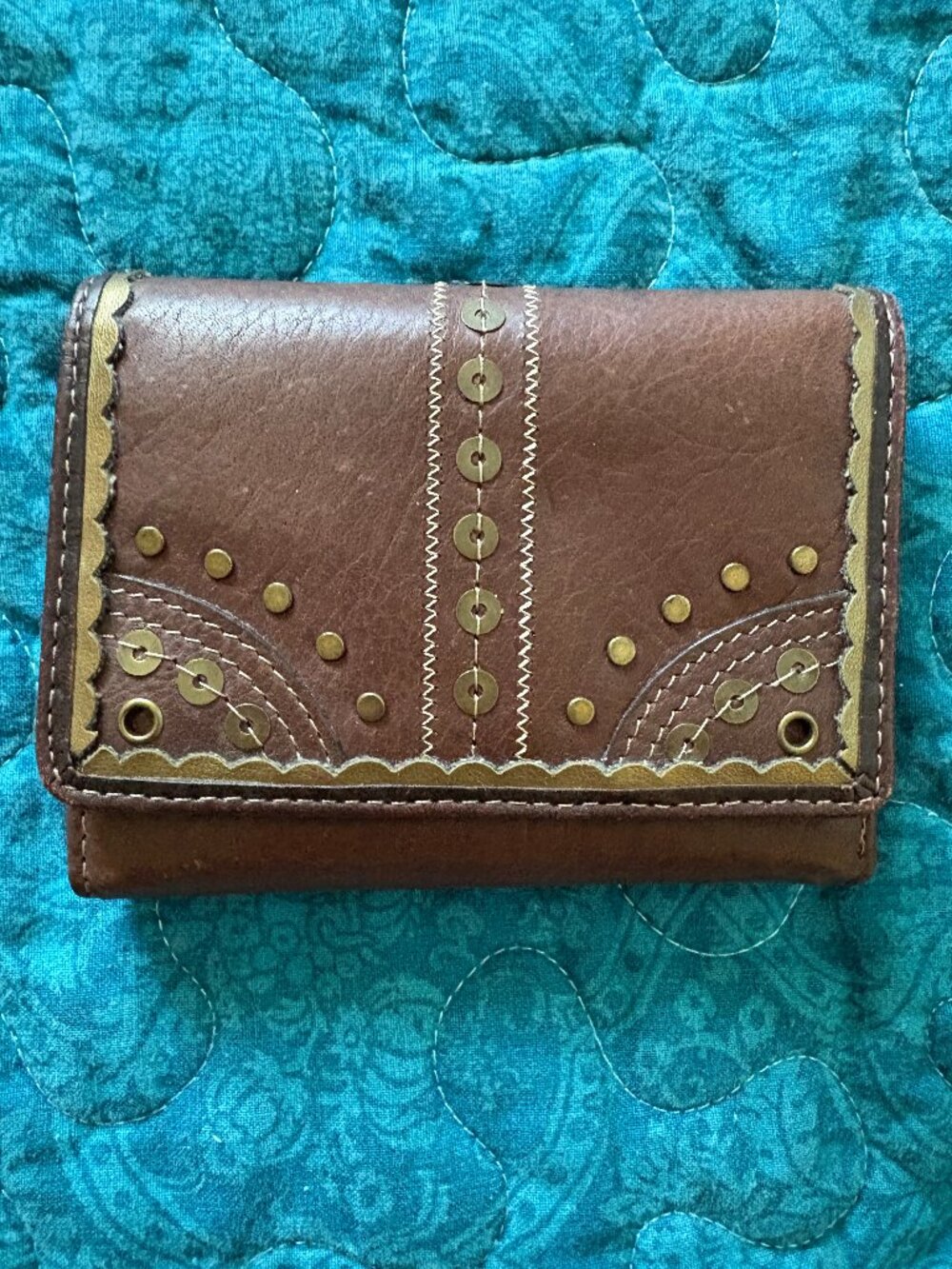 Brown Leather Gold Embellished Trifold Unisex Decorative Wallet 4.5"x3.25"